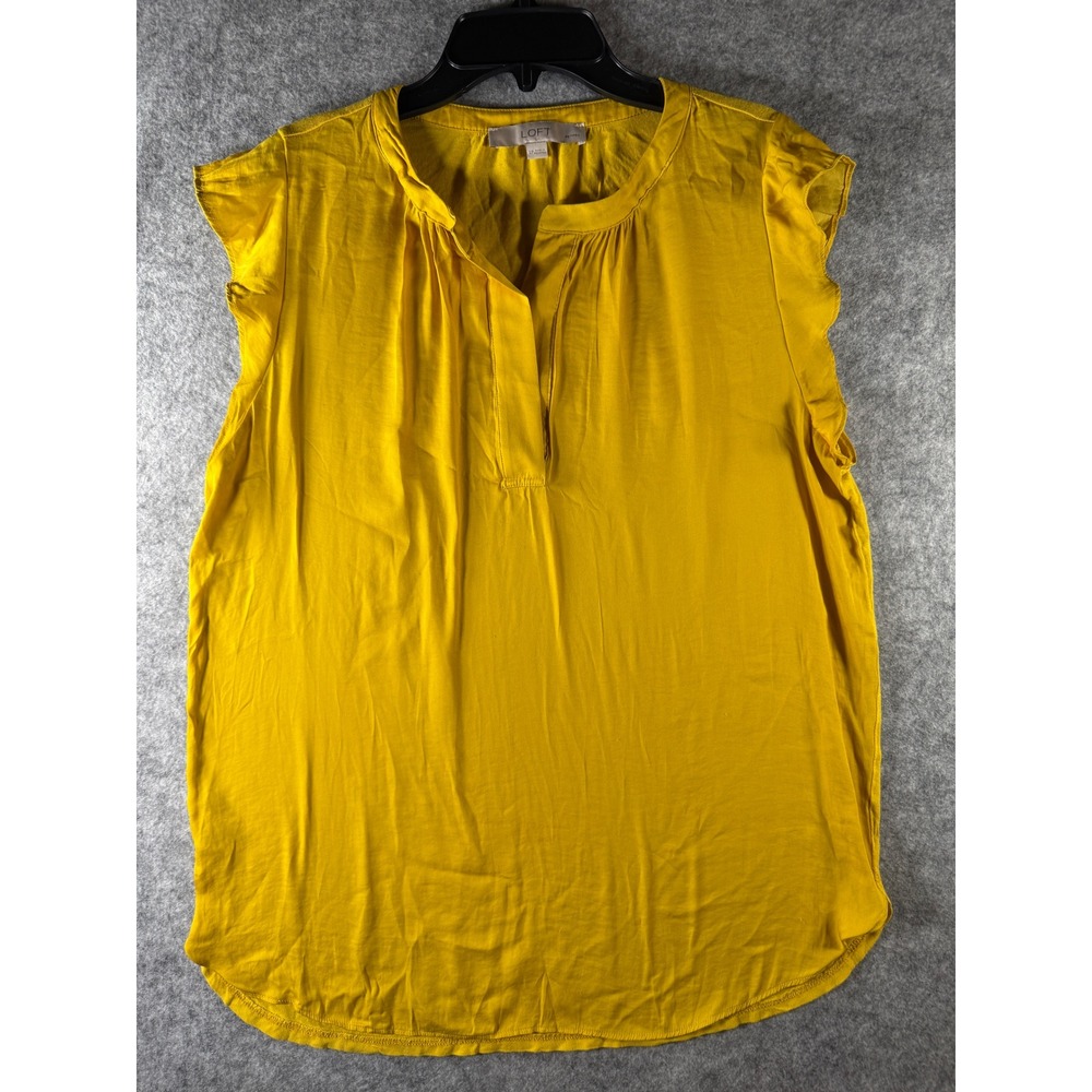 LOFT‎ Petites Mustard Yellow Ruffle Cap Sleeve Split Neck Blouse Size LP